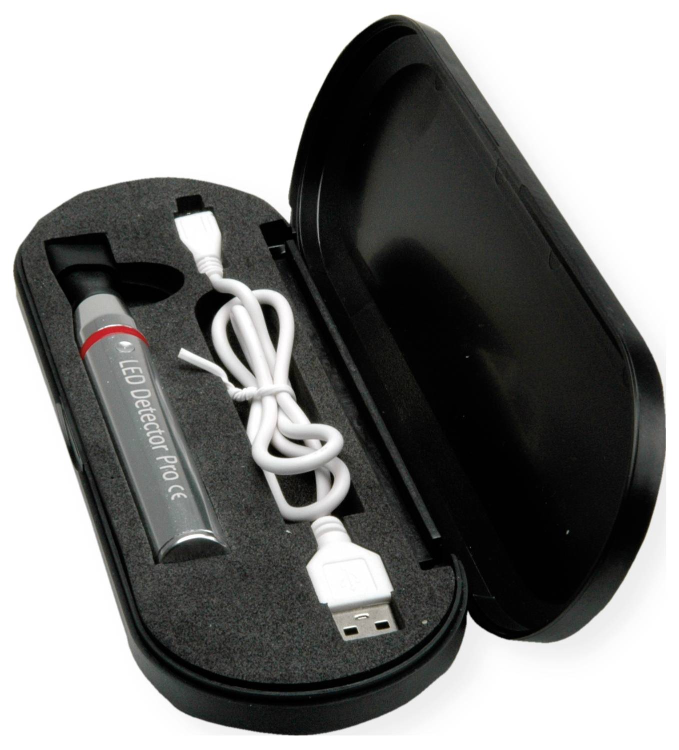 Een zwarte kunststof behuizing met een LED-detectiepen gelabeld 'LED Detector Pro' en een witte USB-oplaadkabel.