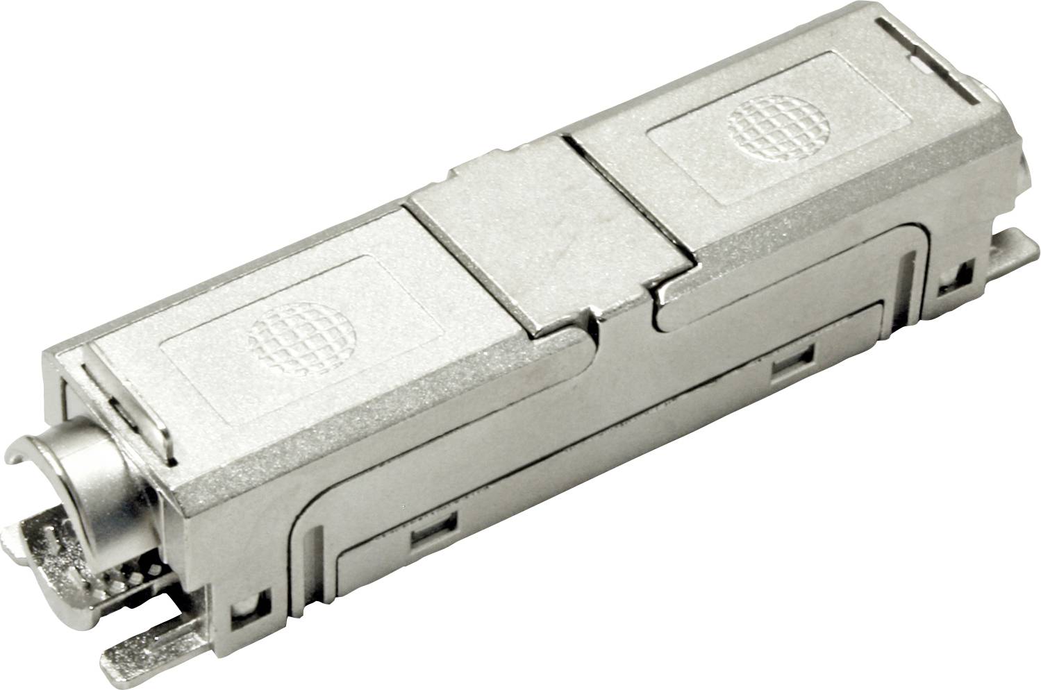Een metalen vezeloptische adapter met een rechthoekige vorm en een connector aan één uiteinde, gebruikt voor het verbinden van glasvezelkabels met elkaar.
