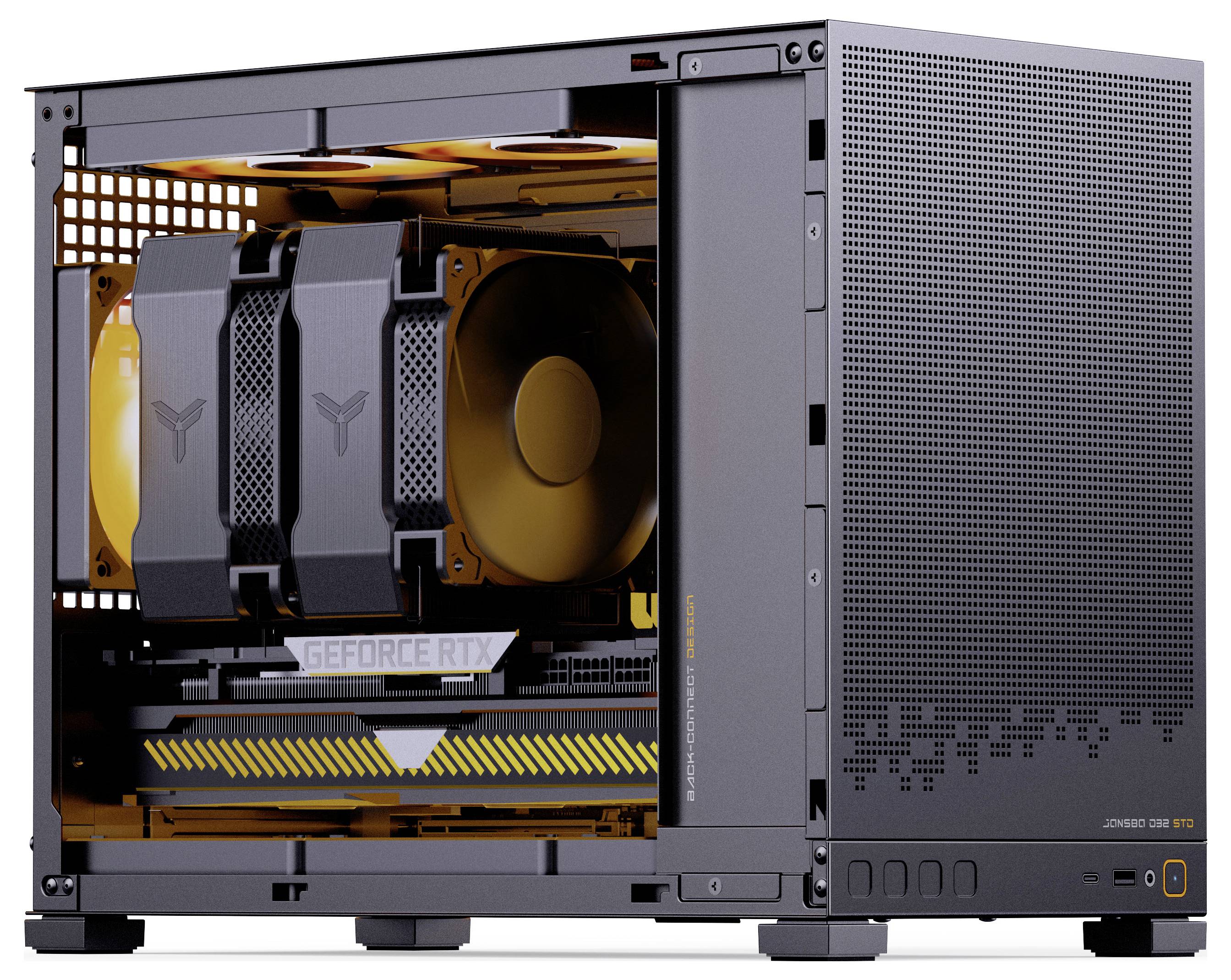 'Zijaanzicht van een zwarte en oranje desktop gaming computerbehuizing met zichtbare interne componenten, waaronder een GeForce RTX-videokaart en koelventilators.'