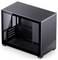 Een strak, zwart computerbehuizing met een meshontwerp, die zijn ruime interieur en poorten aan de zijkant toont. Geschikt voor op maat gemaakte pc-builds.