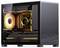 Een kleine desktop-pc met een open zijpaneel waarop oranje LED-verlichting wordt getoond, een NVIDIA GeForce RTX-videokaart en een 'Republic of Gamers'-label.