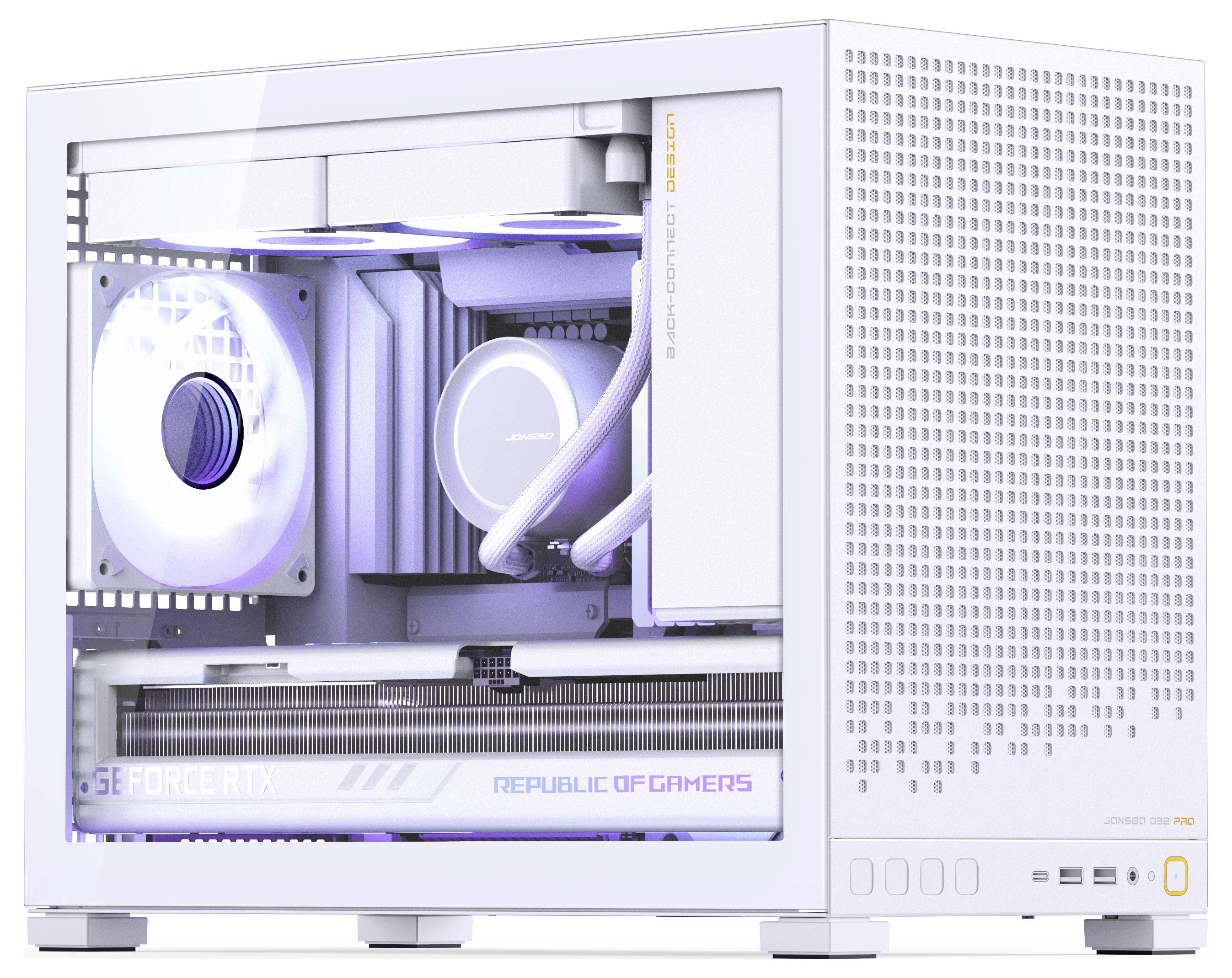 Een witte gaming-pc met interne RGB-verlichting, uitgerust met een GeForce RTX-videokaart en een vloeistofkoelsysteem in een compacte behuizing.