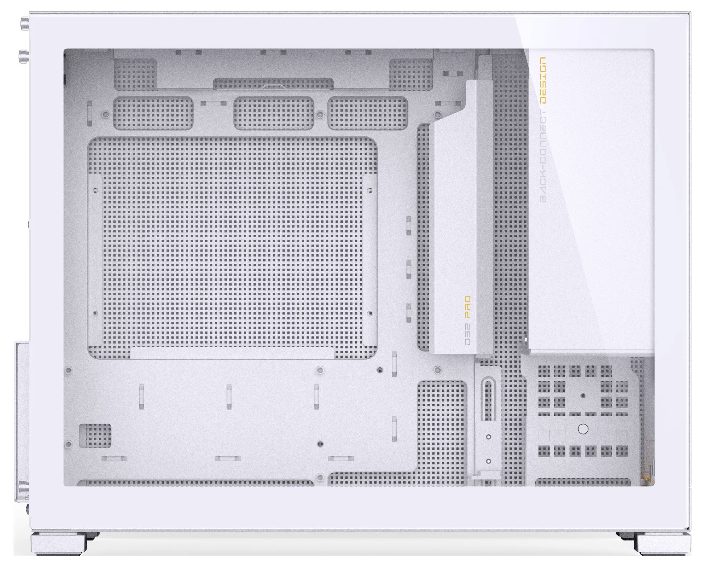 Witte computerbehuizing met zichtbare interne indeling, voorzien van schijfstations, uitbreidingssleuven en kabelmanagementruimtes.