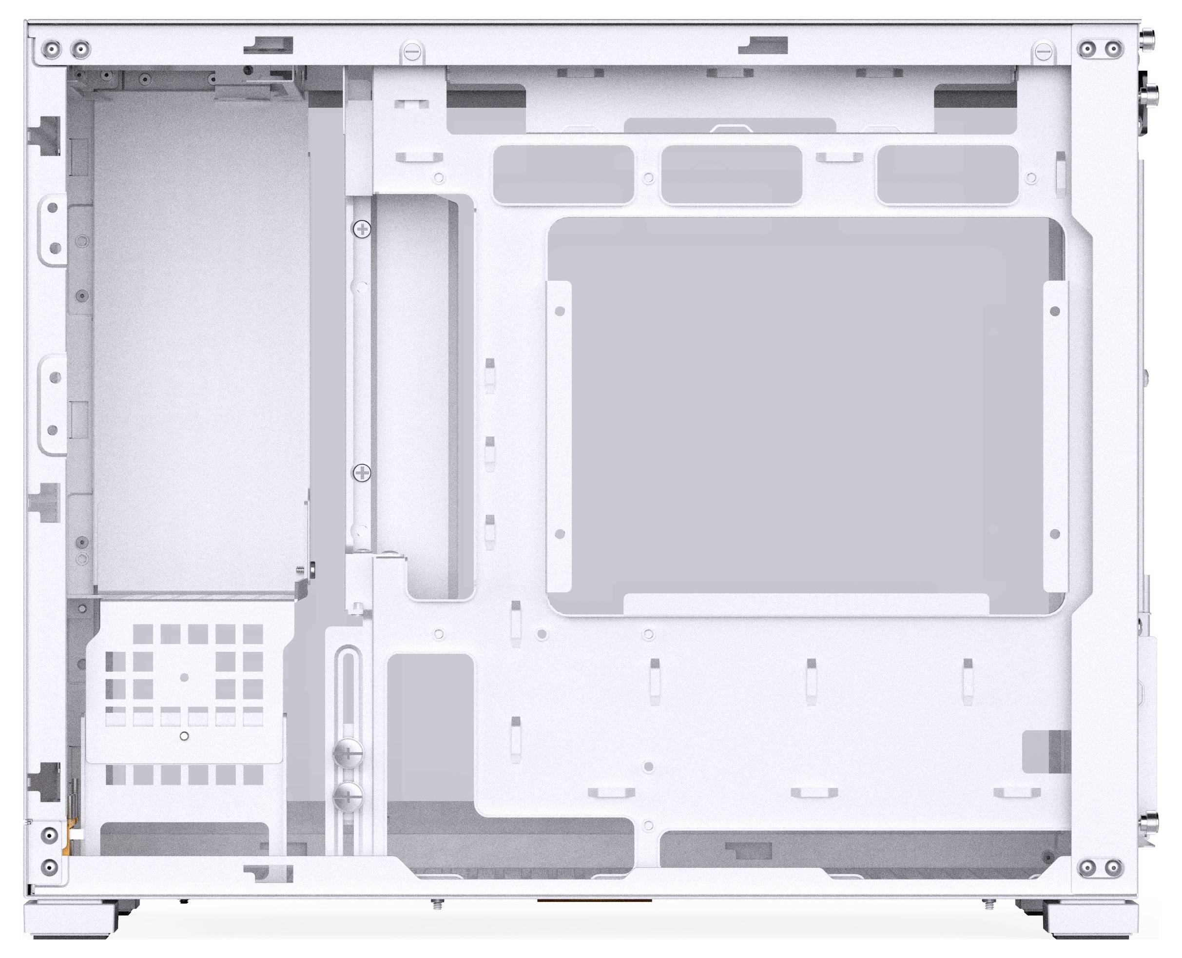 Witte computerbehuizing open met zicht op de binnenindeling, ruimte voor componenten zoals moederbord, voeding en koelsystemen.