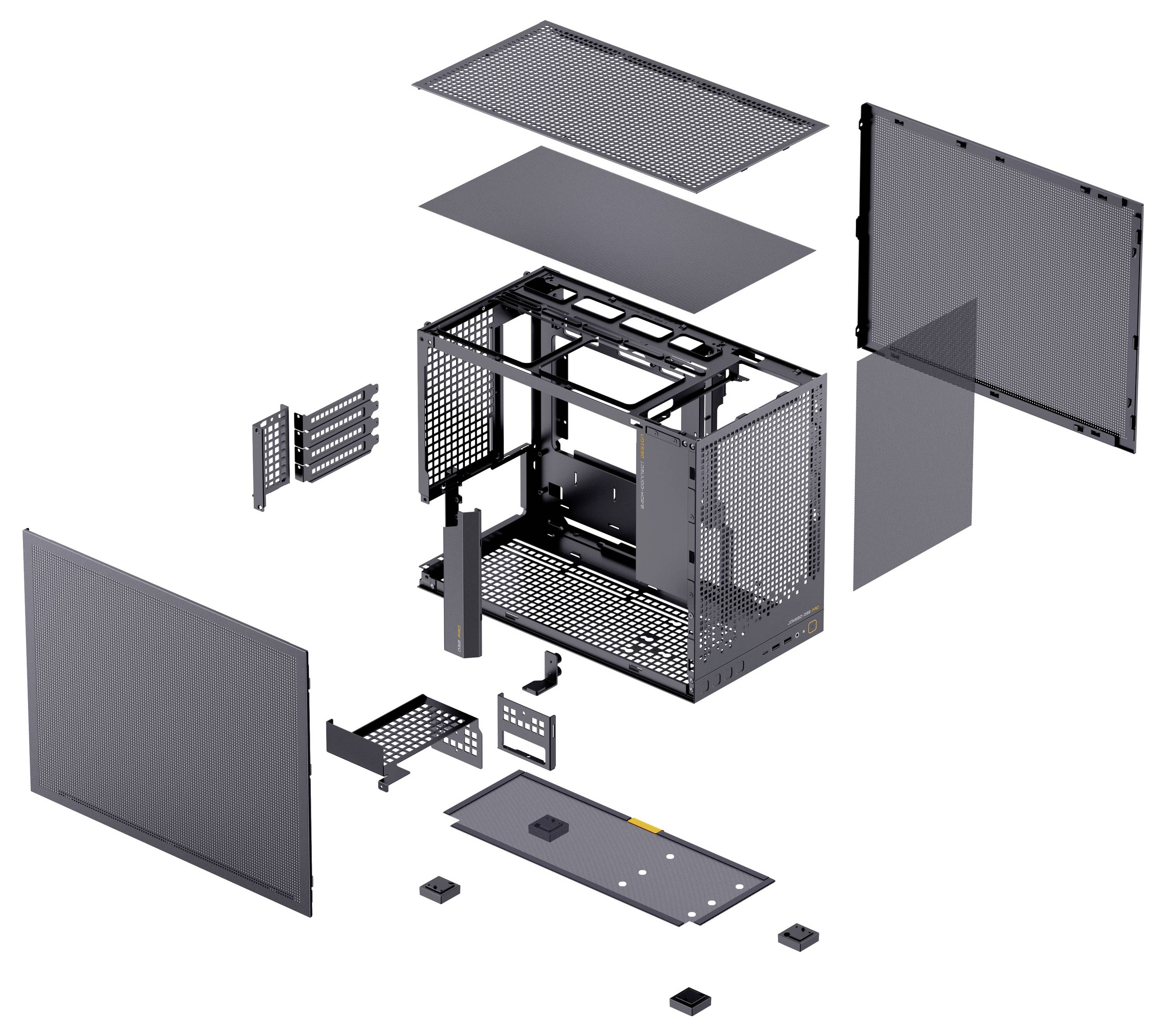 Geëxplodeerde weergave van een computerbehuizing met verschillende componenten, waaronder panelen, meshcovers en een intern frame, ter illustratie van de assemblage.