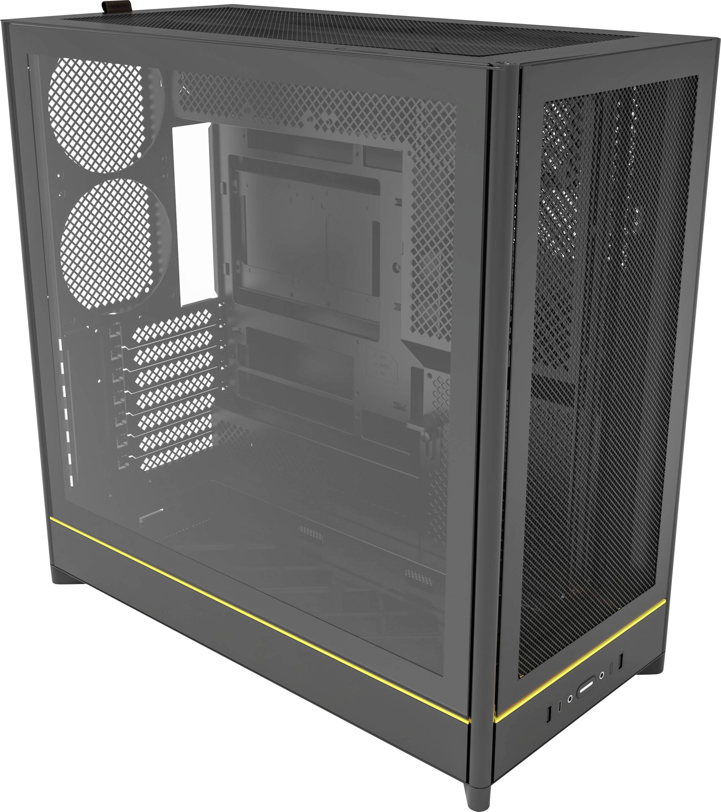 Computerbehuizing met een transparant zijpaneel, twee ventilatormontageplaatsen aan de achterkant, en een gele accentstreep nabij de onderkant.