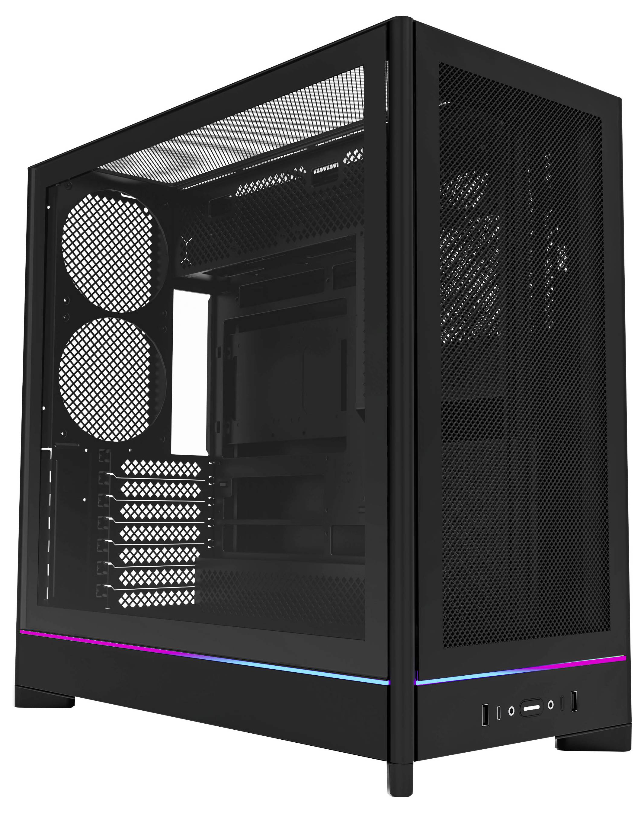 Een zwarte computerbehuizing met transparant zijpaneel dat de lege binnenruimte toont, RGB-verlichting aan de onderkant, voorste poorten zichtbaar.