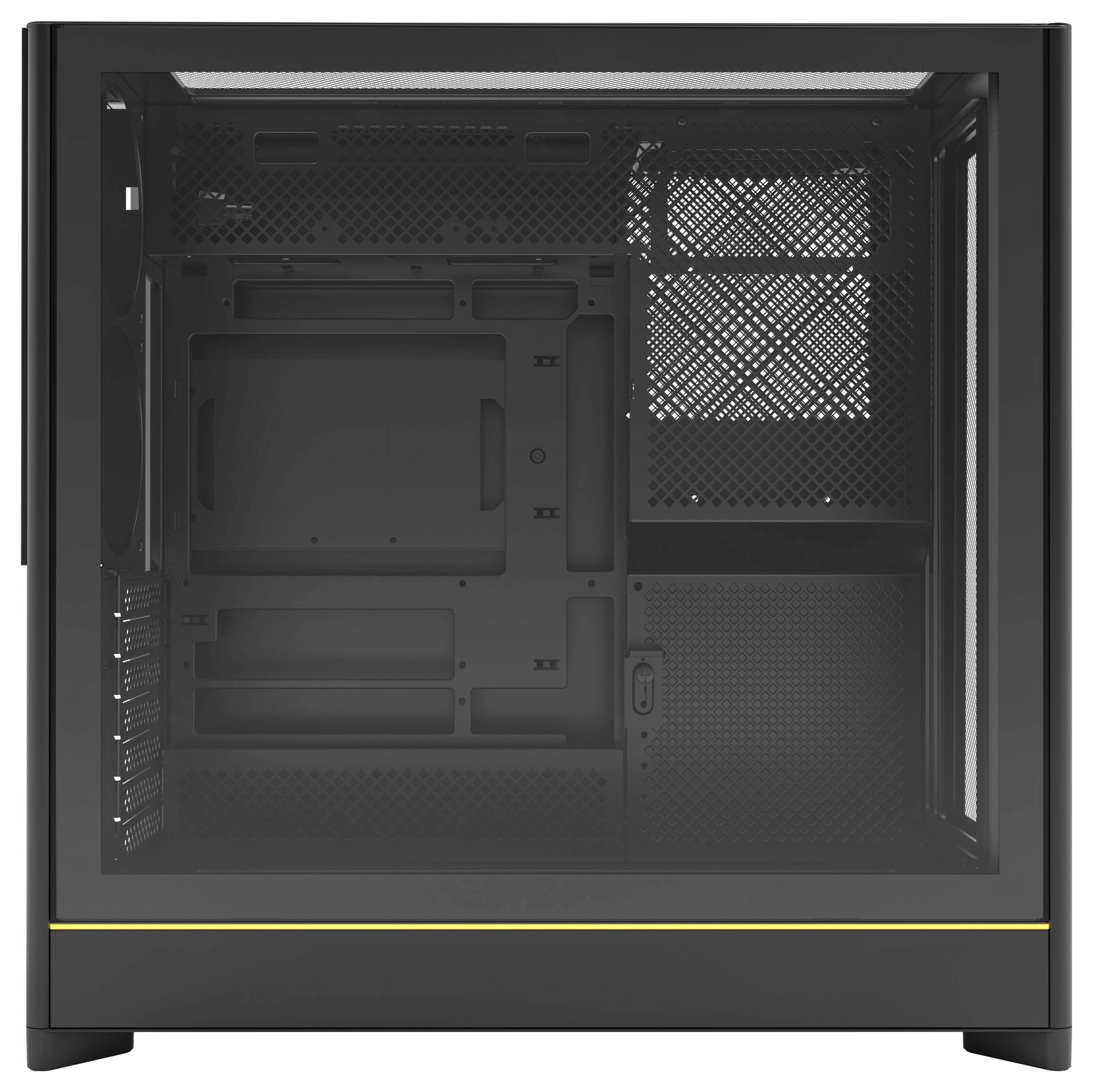 Lege zwarte rechthoekige computerbehuizing met een glazen zijpaneel, met zichtbare interne compartimenten en montageruimtes voor componenten.