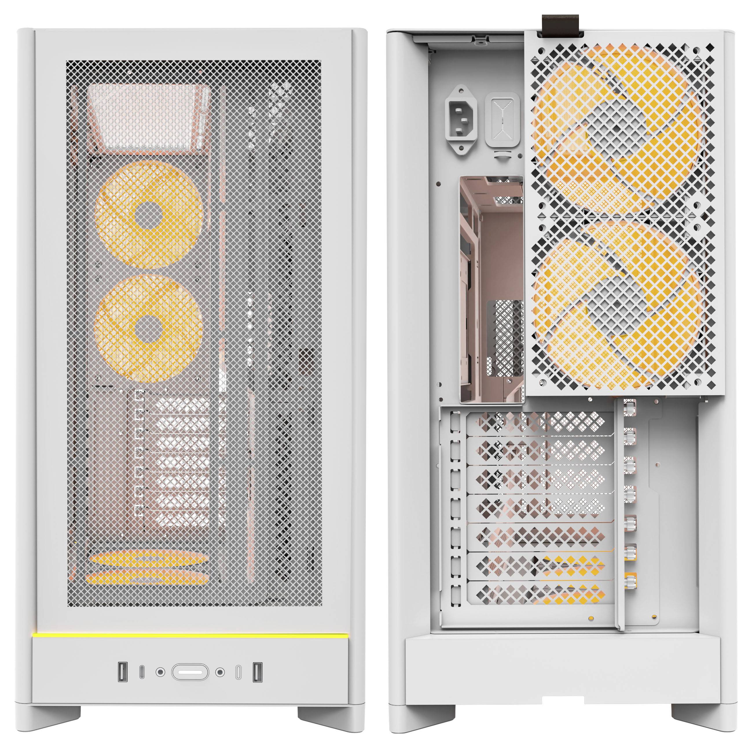 Een witte computerbehuizing met meshpanelen is te zien, met oranje ventilatoren zichtbaar aan de voorkant en binnenkant.