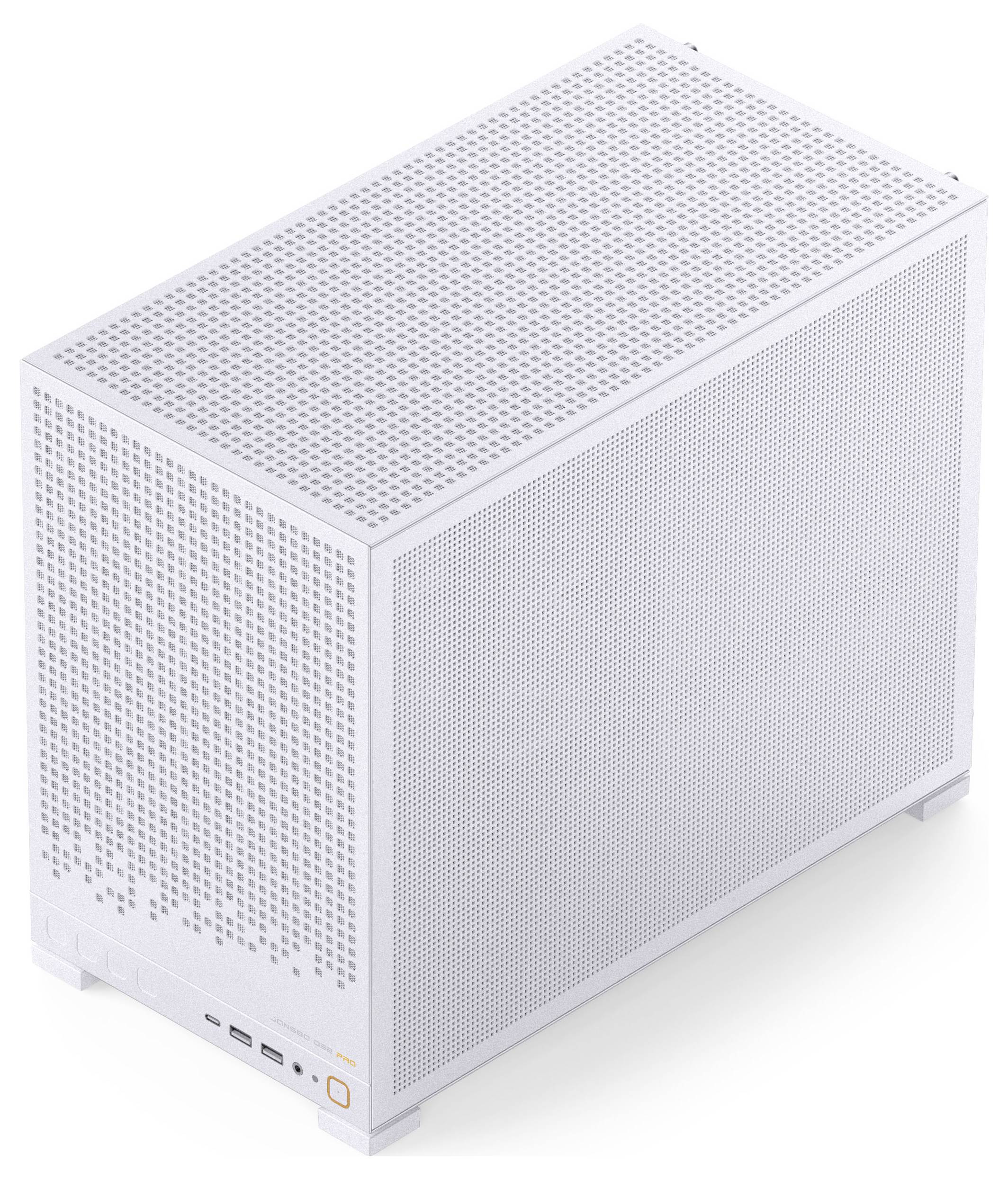 Een witte computerbehuizing met een geperforeerd ontwerp voor ventilatie, met verschillende voorpoorten en een aan/uit-knop onderaan.