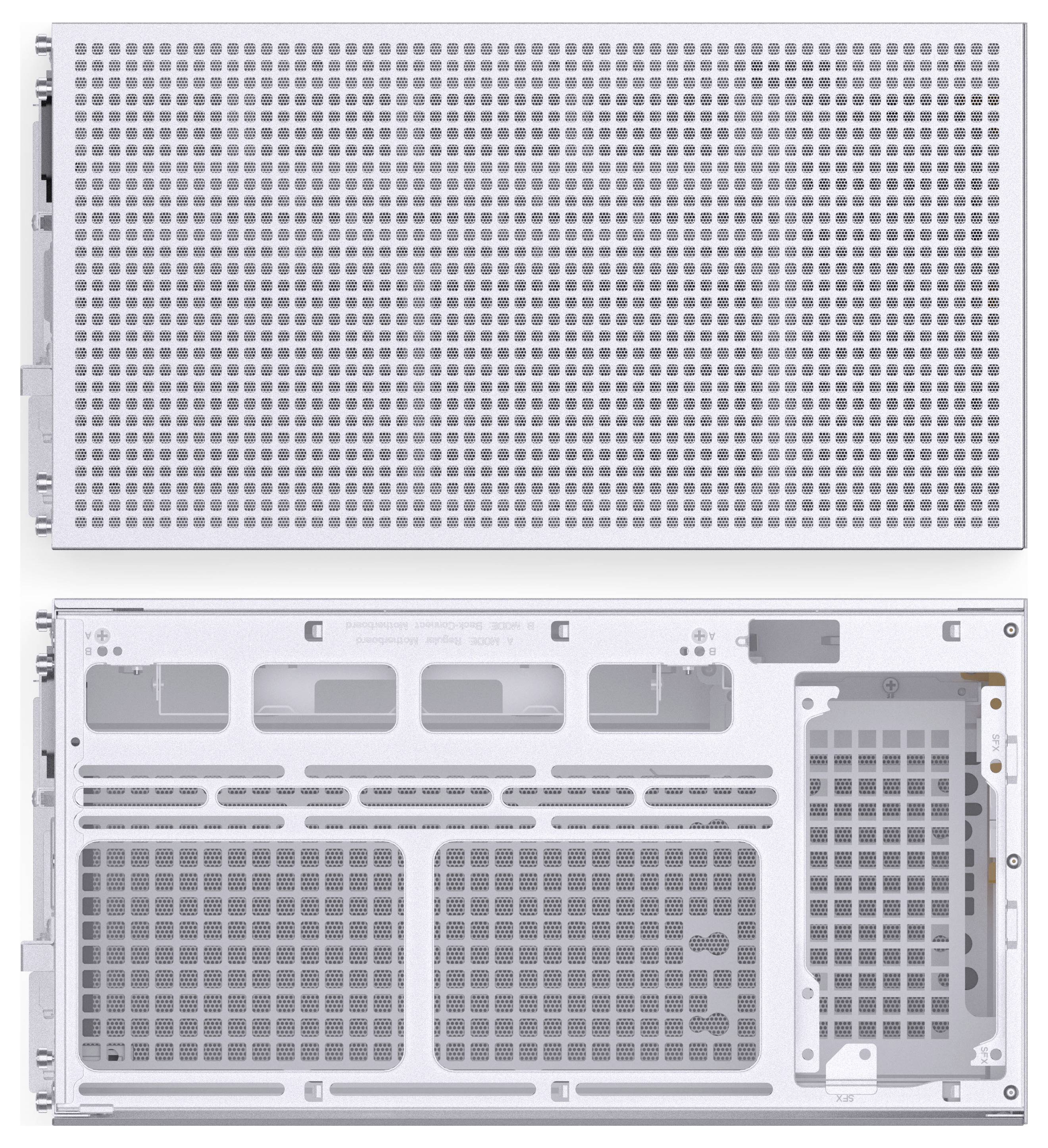 Vooraanzicht en achterzijde van een computerkastpaneel met geperforeerd ontwerp, waarbij de luchtstroom-eigenschappen en structurele indeling worden gedemontreerd.