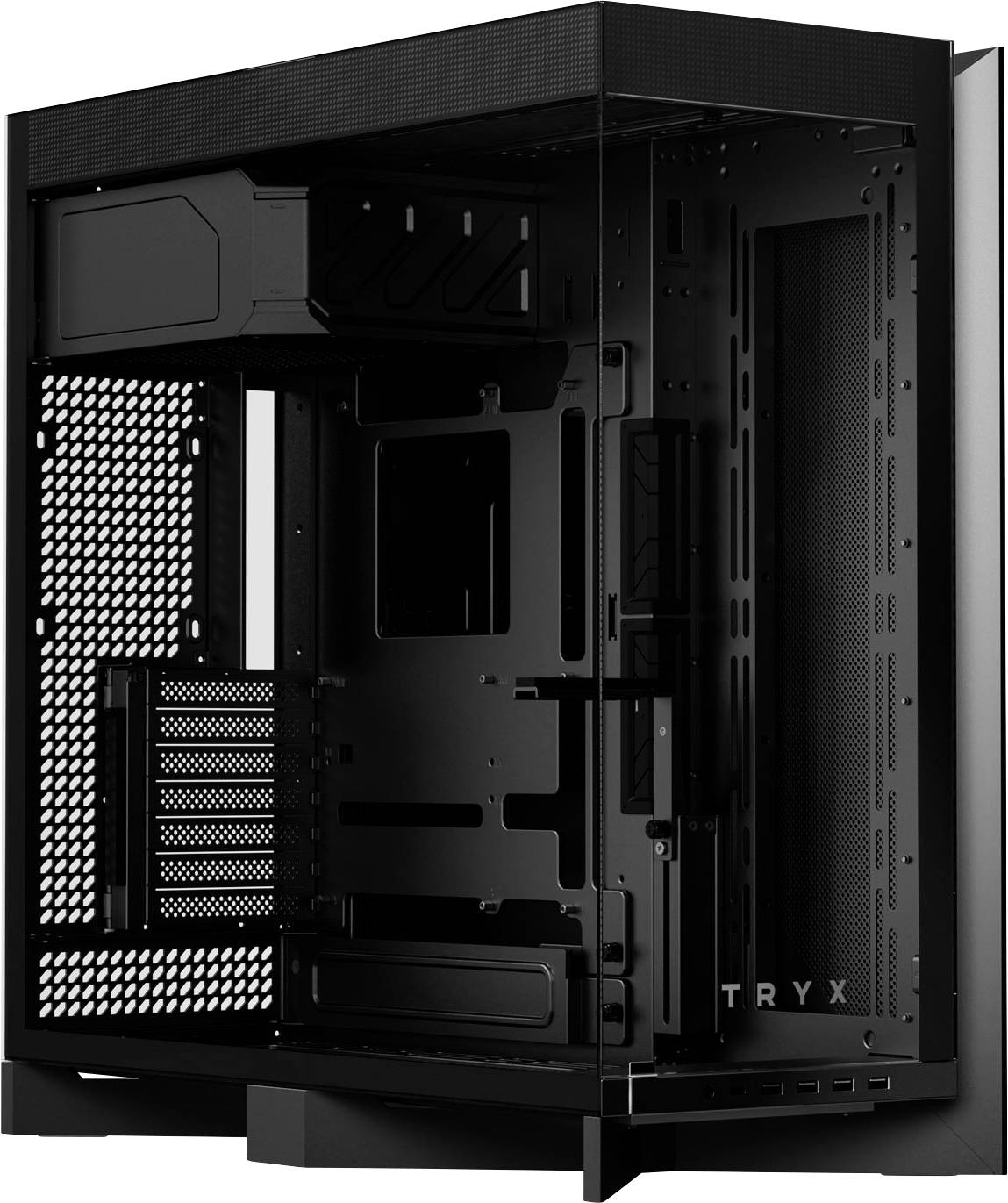Een zwarte, high-performance computerbehuizing met een transparant zijpaneel, waarbij de interieurcompartimenten en sleuven voor componenten zichtbaar zijn.
