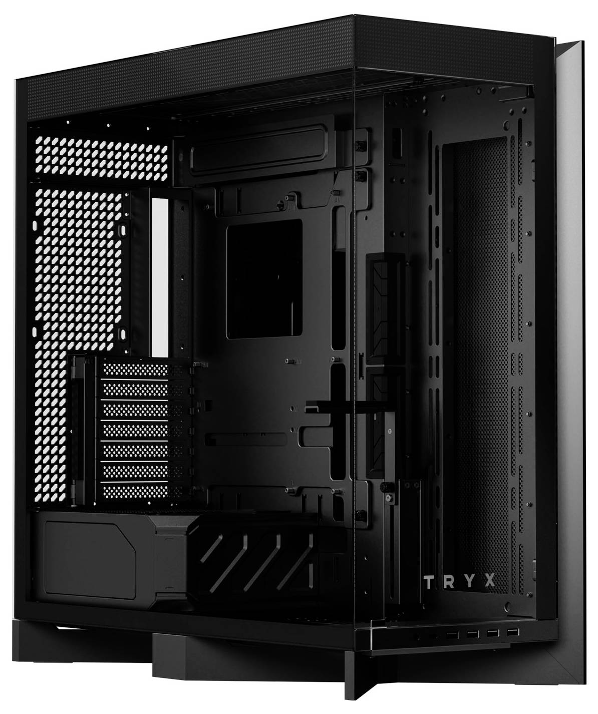 Een strak, zwart computerbehuizing met een transparant zijpaneel toont de inwendige componenten en biedt ruime ruimte voor hardware-installatie.