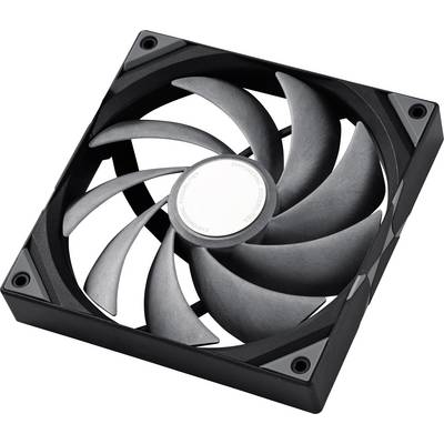 Een zwarte computerfan met meerdere bladen geplaatst binnen een vierkant frame, ontworpen voor koeldoeleinden.