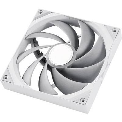 Een vierkante, witte computerfan met acht gebogen schoepen, ontworpen voor het koelen van computercomponenten.