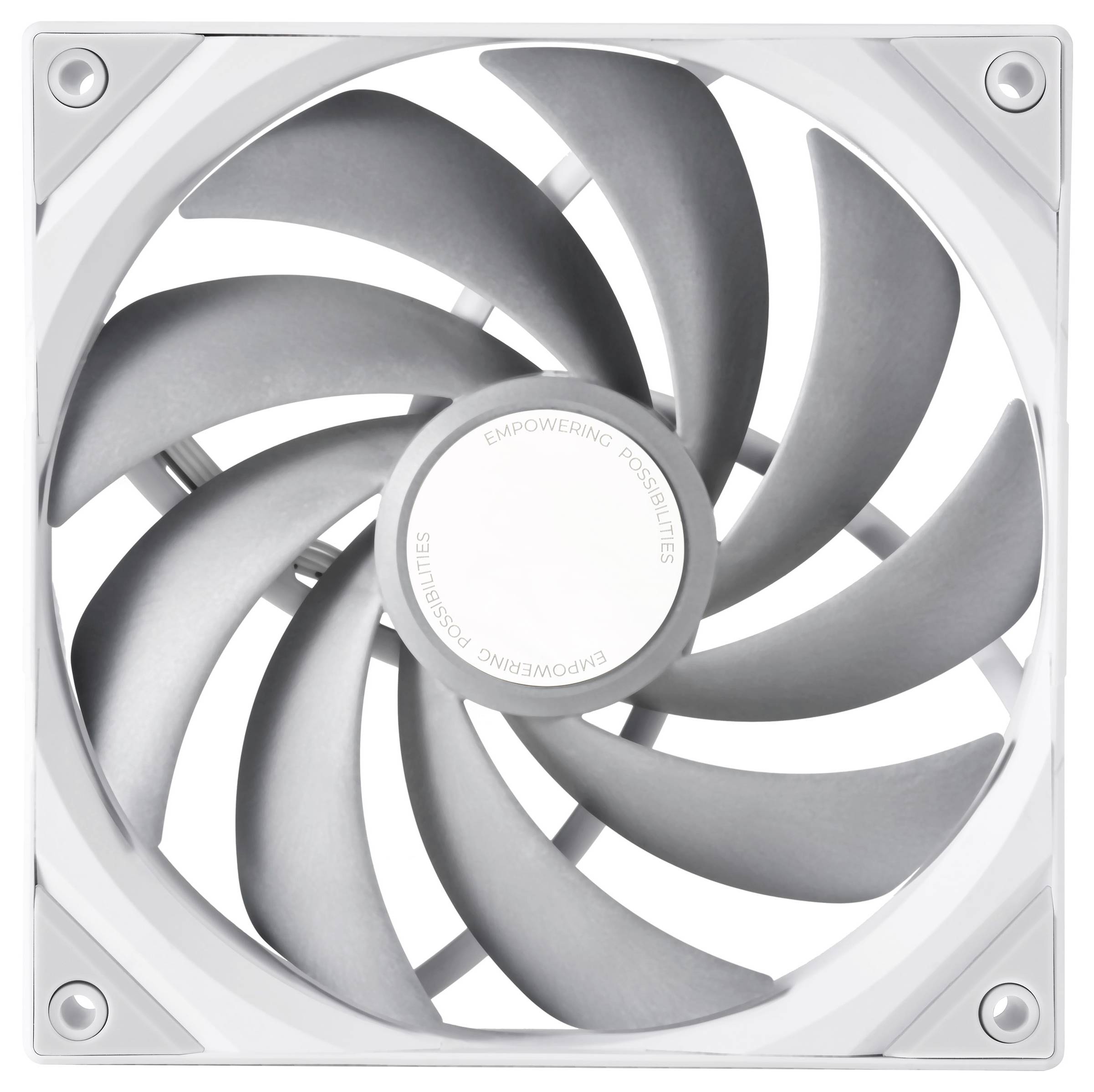 Een close-up weergave van een computerkoelventilator met meerdere grijze schoepen, gevat in een wit frame, ontworpen voor warmteafvoer.
