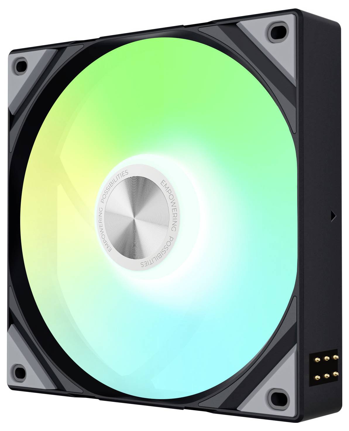 Computerkoelingventilator met een vierkante behuizing, voorzien van RGB LED-verlichting in groene en blauwe tinten, ontworpen voor thermisch beheer en esthetische aantrekkingskracht.