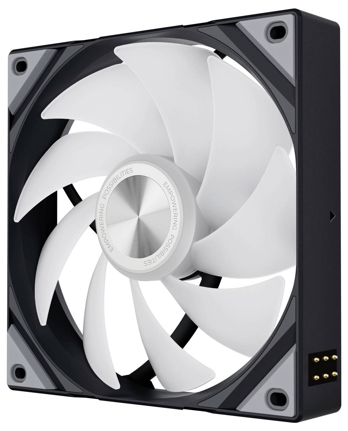 Een witte computerkoelventilator met negen bladen, gehuisvest in een zwart vierkant frame, met de tekst 'Mogelijkheden Versterken' op de rotor.