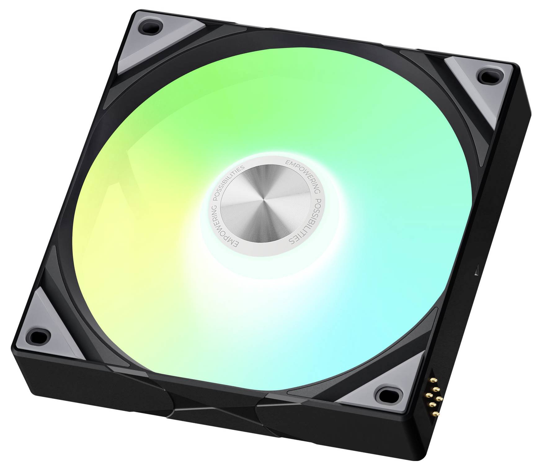 Een computer koelventilator met een oplichtend, meerkleurig LED-licht, gemonteerd in een zwarte behuizing, ontworpen voor luchtstroom in PC-systemen.