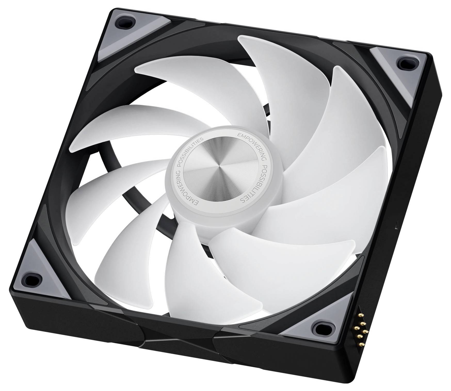 Een computerkoelingventilator met witte bladen en een zwart rechthoekig frame, voorzien van een centrale zilveren naaf, gebruikt voor het koelen van elektronische componenten.