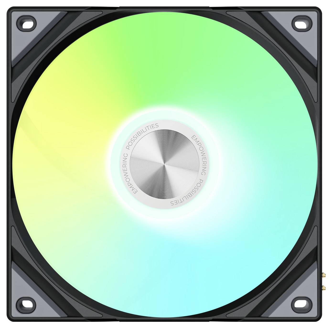 Een computerkoelventilator met een oplichtende LED in tinten van groen en geel. Het centrum bevat de tekst: 'Mogelijkheden Versterken'.
