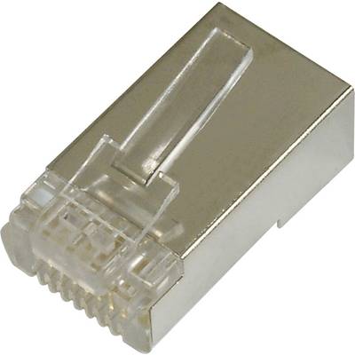 Een metalen RJ45-stekker die gebruikelijk is voor Ethernet-netwerken, met een transparante plastic vergrendeling en aansluitpennen aan één zijde.