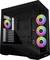 Een zwarte Lian Li pc-behuizing met een transparant zijpaneel, uitgerust met drie voorste RGB-fans en zichtbare interne layoutsleuven voor componenten.