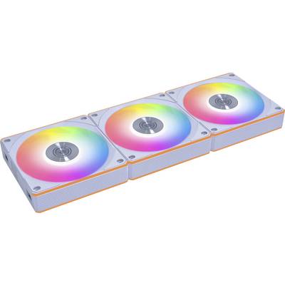 Drie RGB-computerkoelventilatoren die op een rij zijn aangesloten, waarbij een levendig kleurenpalet wordt weergegeven, met een strak, modern design.