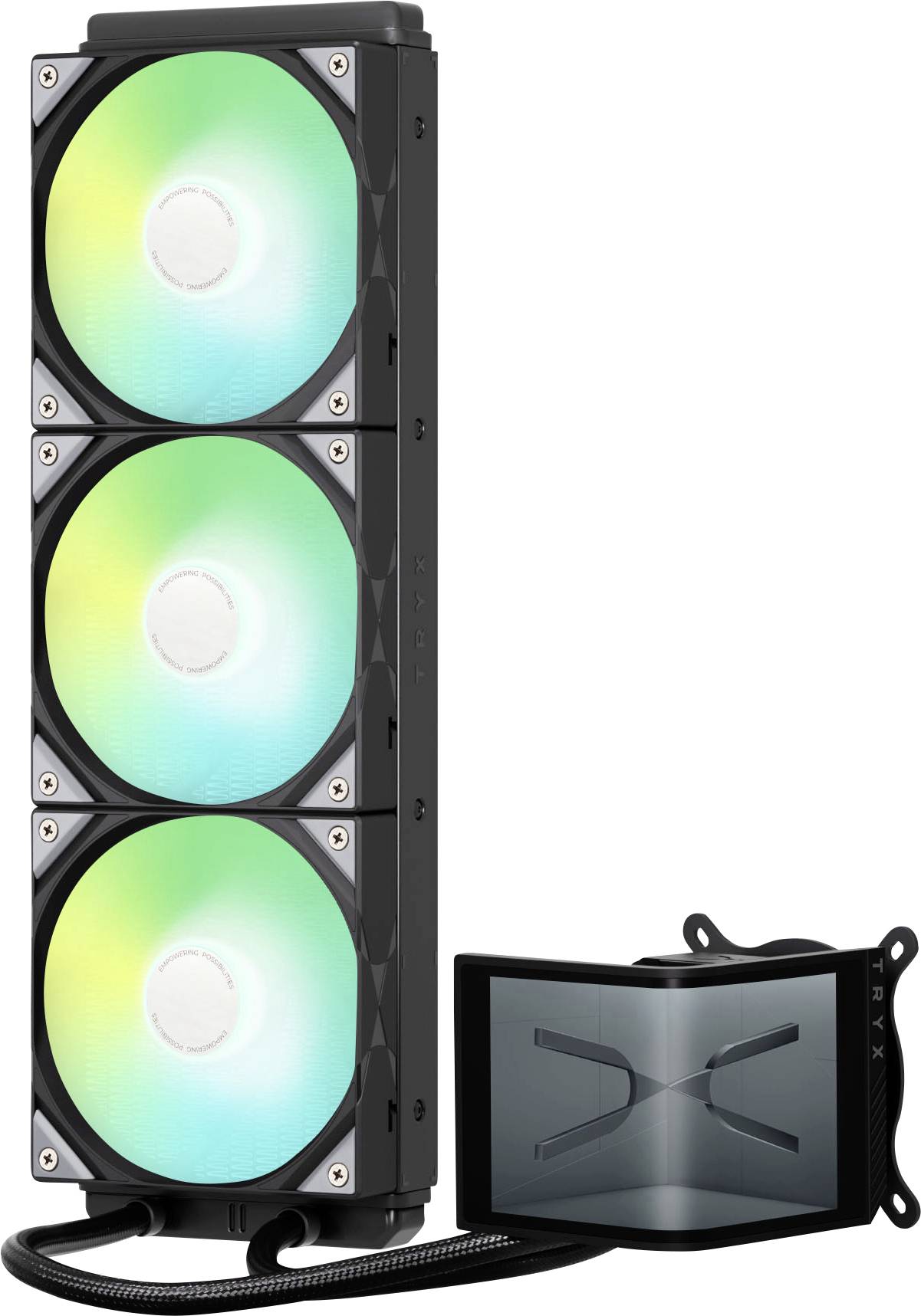 Een computer vloeistofkoelsysteem met drie LED-verlichte ronde ventilatoren naast een transparante pomp met een gestileerd 'X' ontwerp.