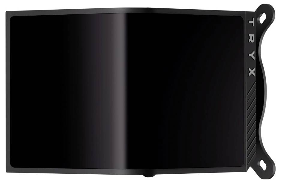 Gebogen, zwart apparaat met gegraveerde tekst 'TRYX' aan de zijkant, dat lijkt op een scherm of monitor.