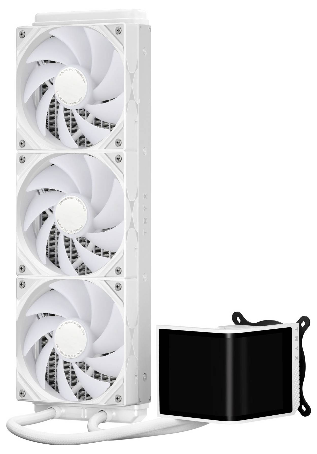 'Drie witte koelventilatoren bevestigd aan een radiator, met een zwarte en zilveren koelblok in de nabijheid. Ontworpen voor computersystemen."