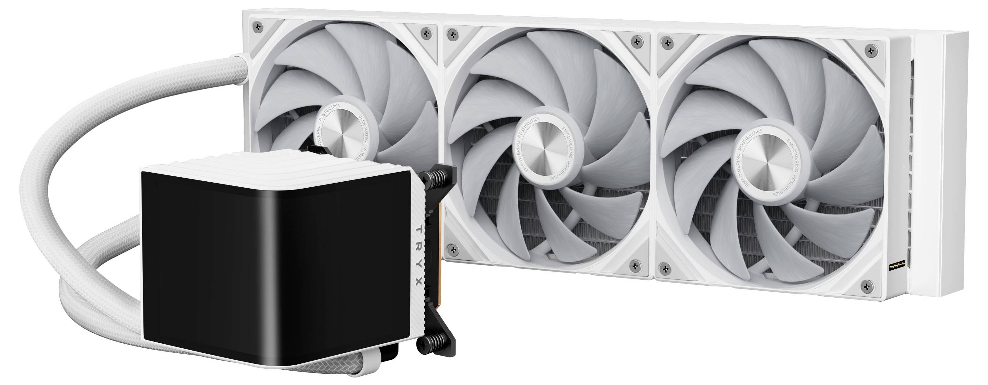 Een witte CPU-koeler met vloeistof, voorzien van drie ventilatoren en een zwarte pompbehuizing, wordt getoond, bedoeld voor het verlagen van computertemperaturen tijdens gebruik.