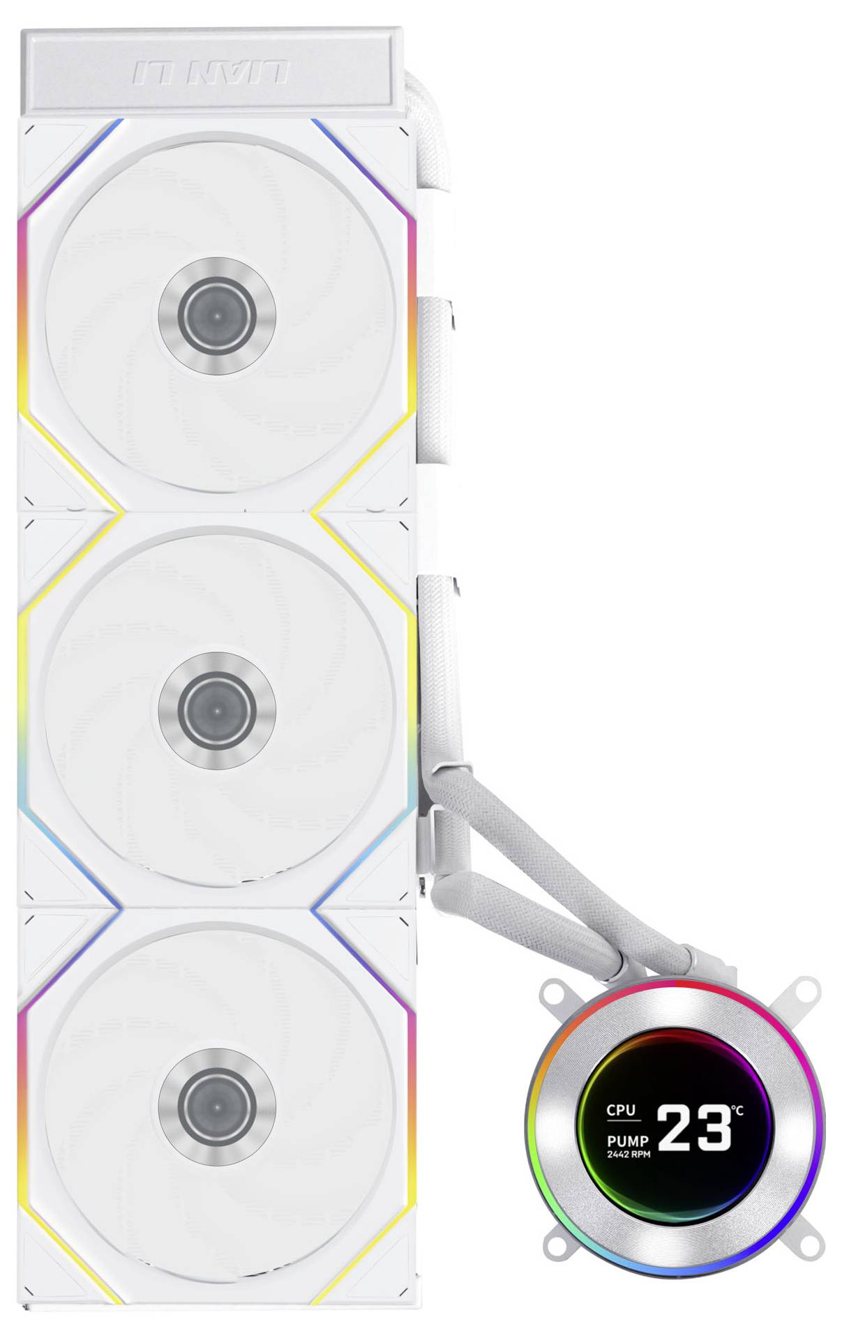 Een witte computerkoelsysteem met drie ventilatoren en een digitaal display dat 'CPU 23°C' toont. Regenboogverlichting omlijst de ventilatoren.