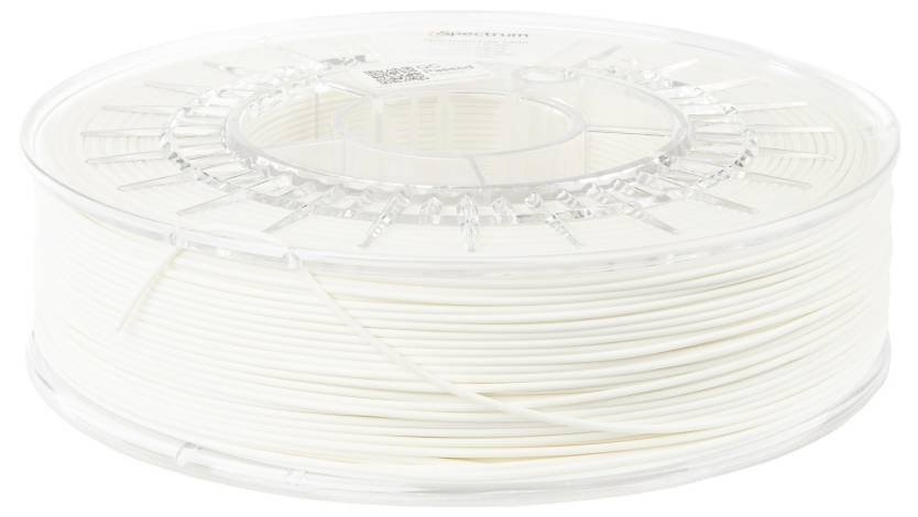 Een spoel van wit 3D-printerfilament, netjes opgerold, met een transparante plastic behuizing.