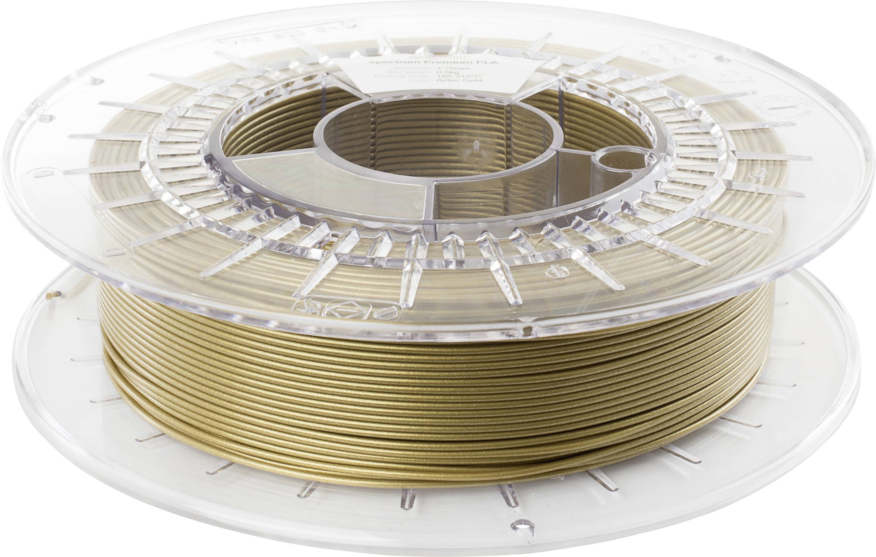 Een heldere spoel met goudkleurige 3D-printerfilament, netjes opgerold, met transparante zijplaten voor zichtbaarheid en bescherming.