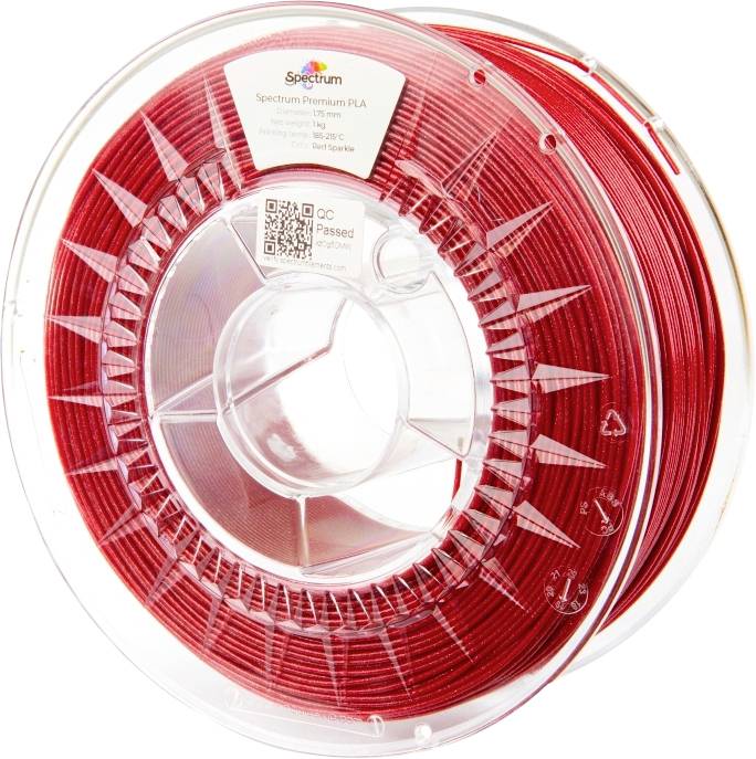 Heldere spoel met rood 3D-printerfilament, gelabeld als 'Spectrum Premium PLA', met temperatuurbereik en QR-code aan de zijkant.