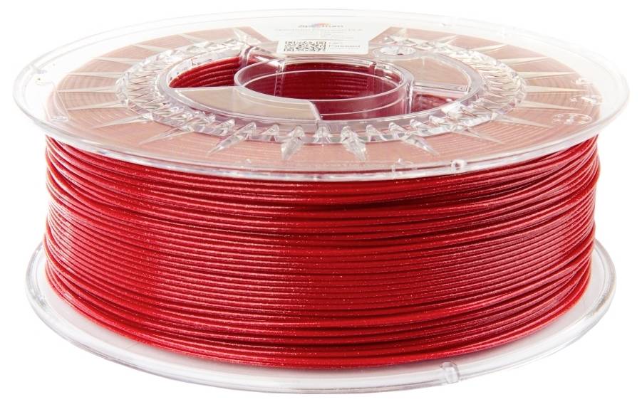 Een rol rood 3D-printfilament, opgerold en klaar voor gebruik, staat in een transparante plastic houder.