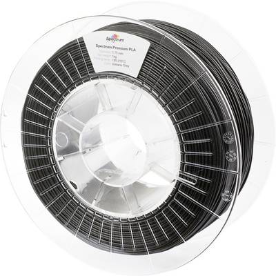 Een spoel zwart 3D-printfilament gelabeld 'Spectrum Premium PLA', met specificaties zoals diameter en temperatuurbereik.
