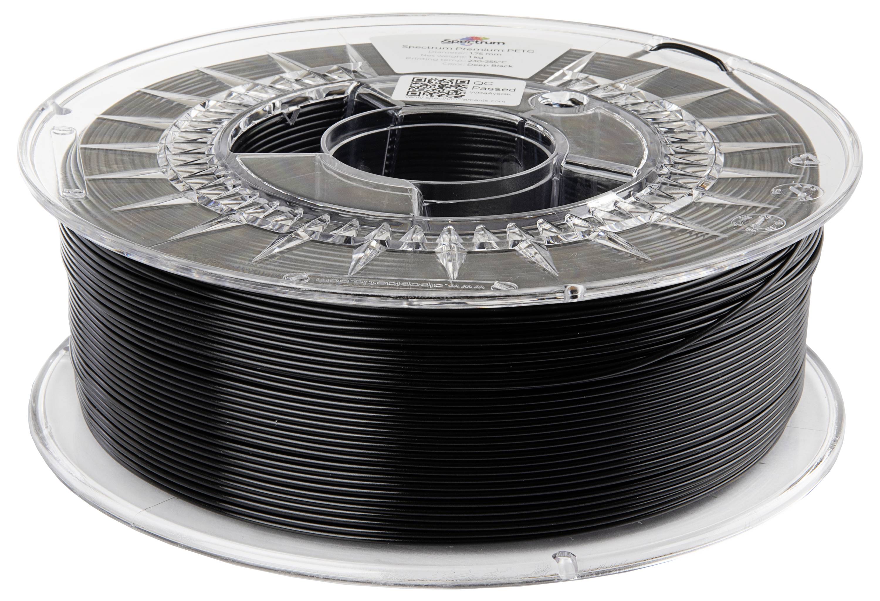 Een spoel zwart 3D-printfilament netjes opgerold op een transparante plastic spoel.