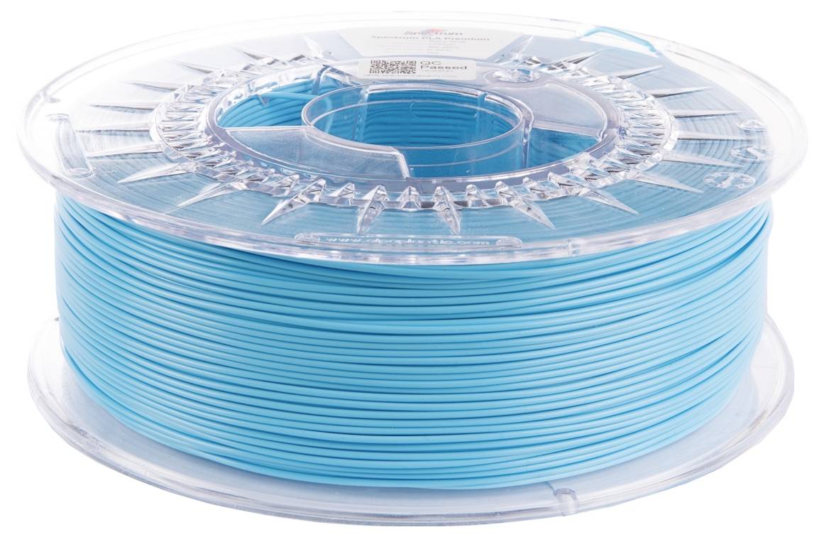 Een spoel blauwe filament voor 3D-printen, netjes opgerold in een transparante plastic haspel.