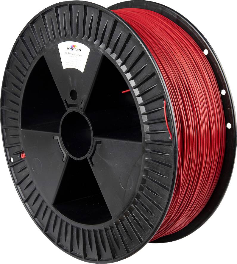 Een spoel rode 3D-printerfilament met een zwarte kunststof haspel, gebruikt voor het invoeren van materiaal in een 3D-printer.
