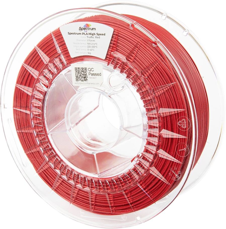 Een spoel rood 3D-printerfilament met het label 'Spectrum PLA High Speed Matt Red', voorzien van een QR-code en een 'QC Passed'-sticker.