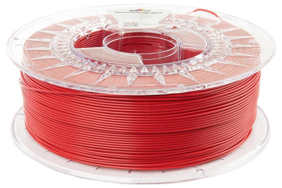 Een spoel rode filament voor 3D-printen, strak opgerold op een transparante plastic rol, klaar voor gebruik in 3D-printers.