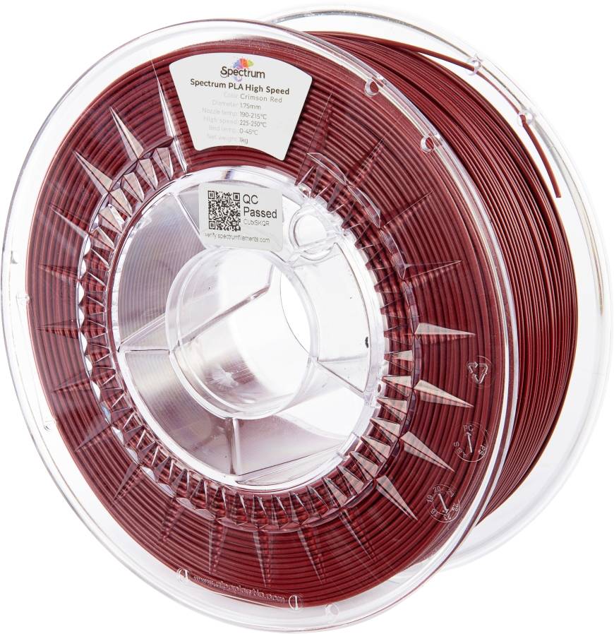 Een spoel rode Spectrum PLA High Speed 3D-printerdraad, gemerkt met 'PLA High Speed', diameter 1,75 mm, gewicht 1 kg, kwaliteitscontrole voltooid.