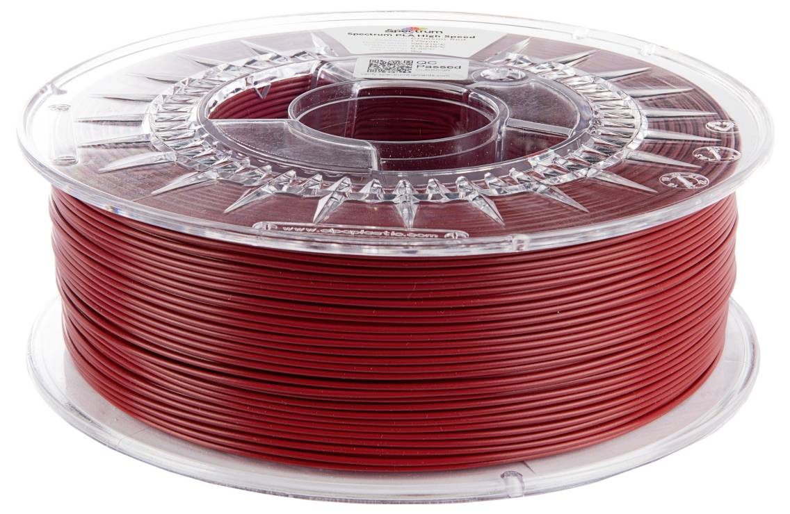 Een spoel met rode 3D-printfilament netjes opgerold. De spoel is transparant, waardoor de kleur en textuur van de filament goed zichtbaar zijn.