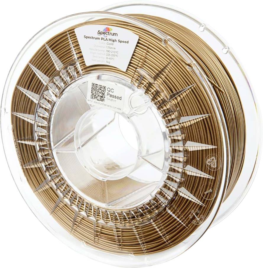 Een transparante spoel bruine PLA-filament gelabeld als 'Spectrum PLA High Speed', geschikt voor 3D-printen, met een QR-code en kwaliteitszegel.