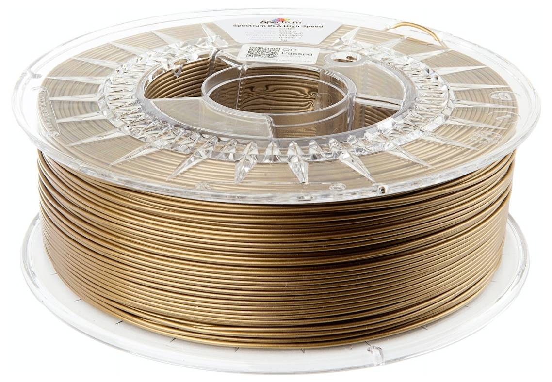 Een heldere spoel van koperkleurig 3D-printfilament, netjes opgerold, tegen een witte achtergrond.