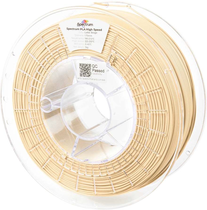 Een spoel Spectrum PLA High Speed 3D-printfilament, gekleurd lichtbeige. Het etiket bevat temperatuurinstellingen en een QR-code.