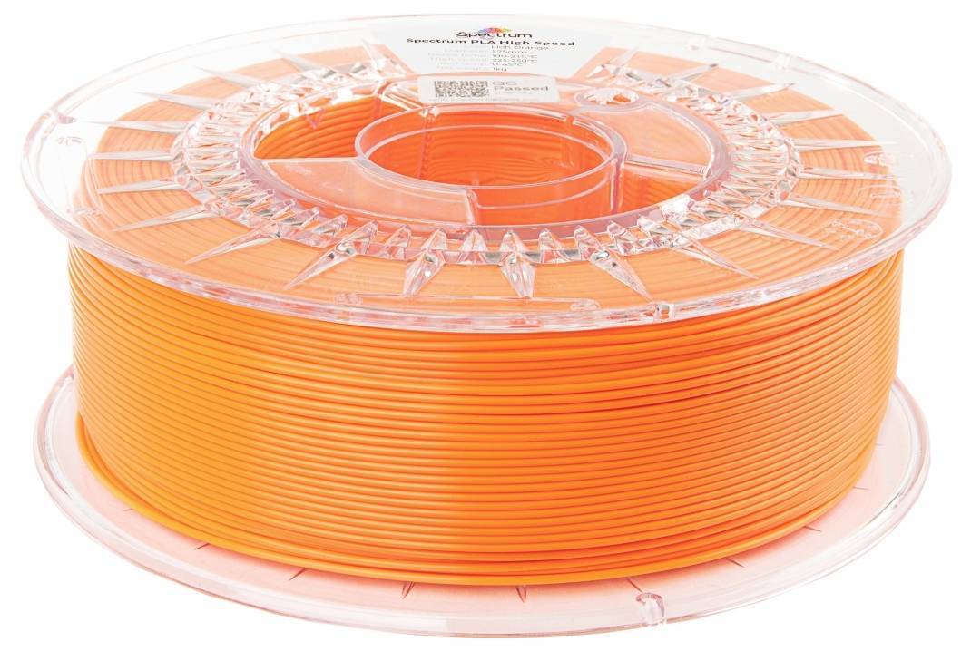 Een oranje spoel 3D-printfilament, strak opgerold en verpakt in transparante plastic, geëtiketteerd als 'Spectrum PLA Glitter'.