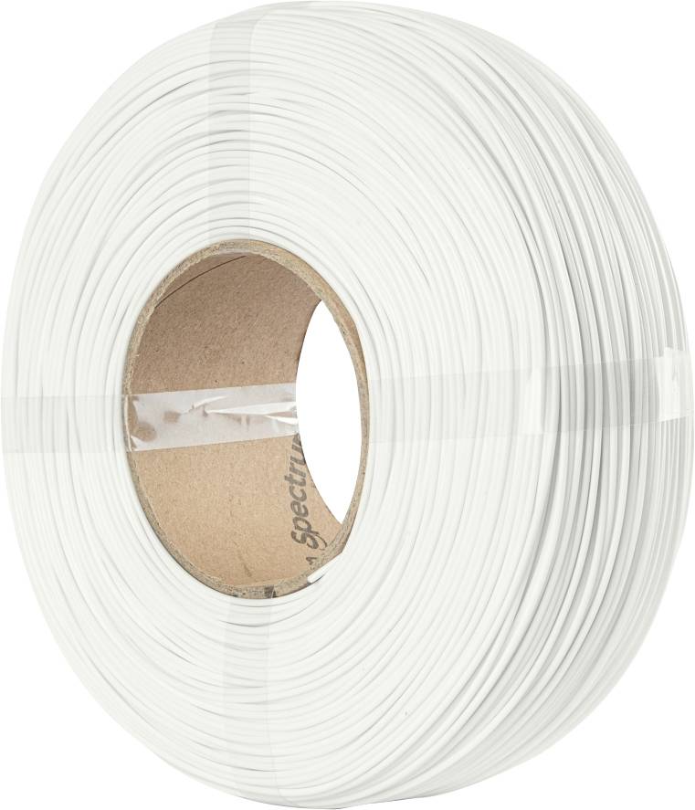 Een witte spoel van plastic draadfilament gewikkeld rond een kartonnen kern, gebruikt voor 3D-printen.
